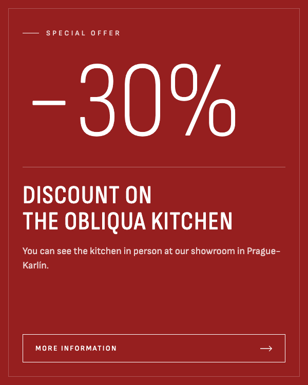 Our Ernestomeda Obliqua display kitchen is now available at a 30% discount. See it in person at our showroom in Karlín, Prague.